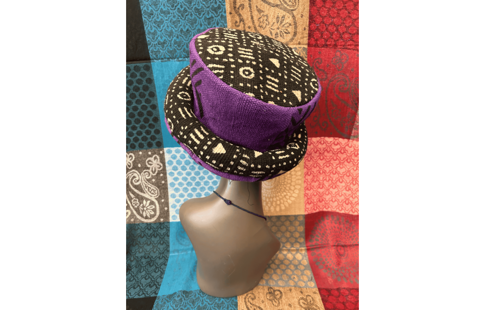 Mudcloth Hat Single Roll Purple Black and White Print