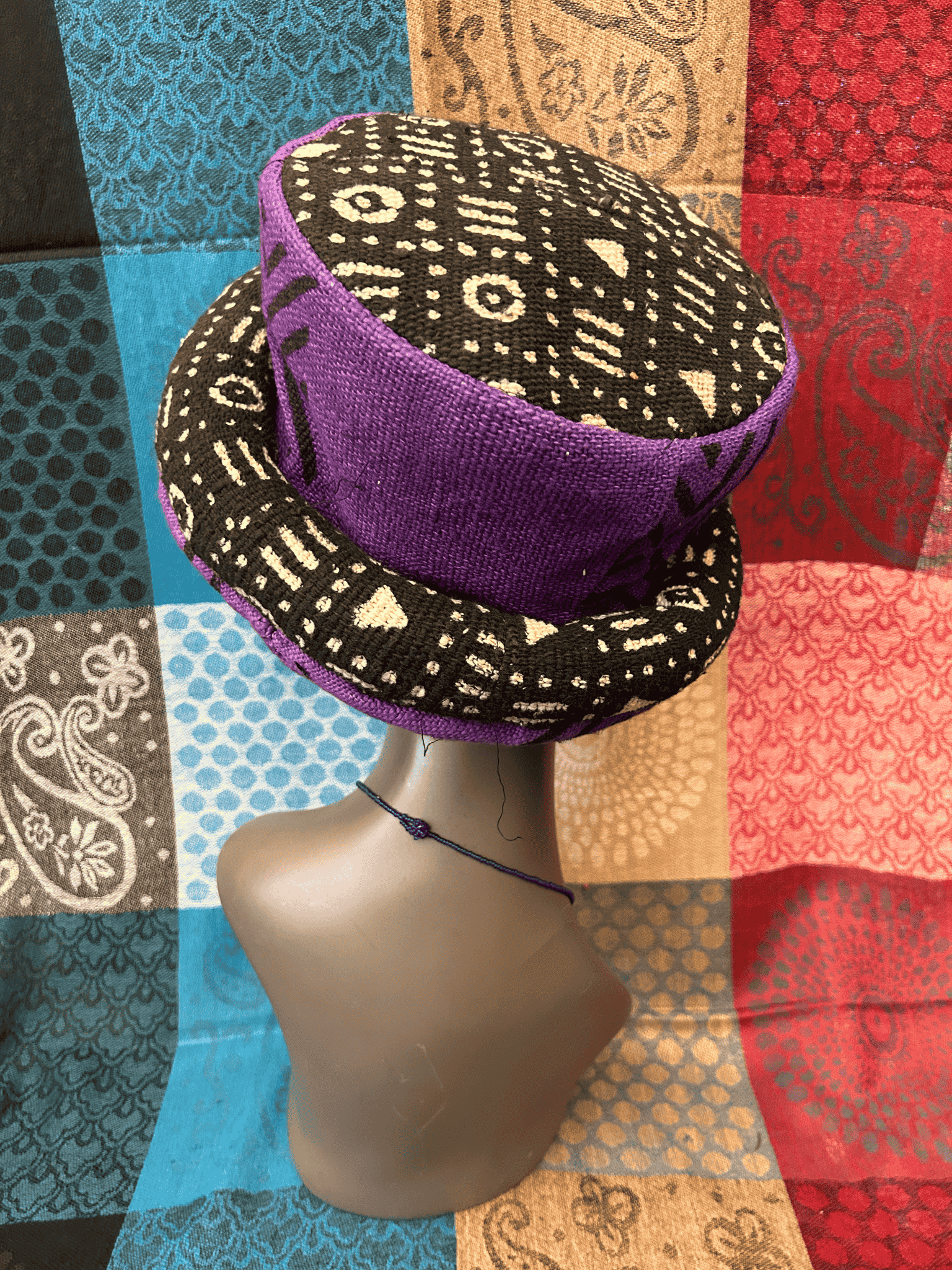 Mudcloth Hat Single Roll Purple Black and White Print