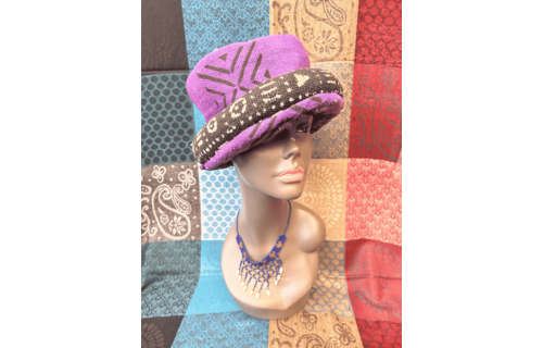 Mudcloth Hat Single Roll Purple Black and White Print