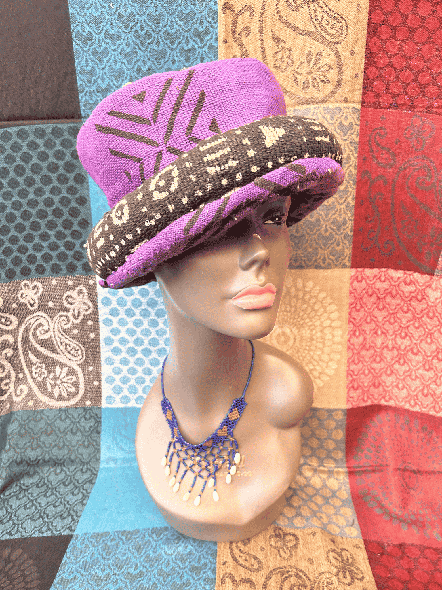 Mudcloth Hat Single Roll Purple Black and White Print