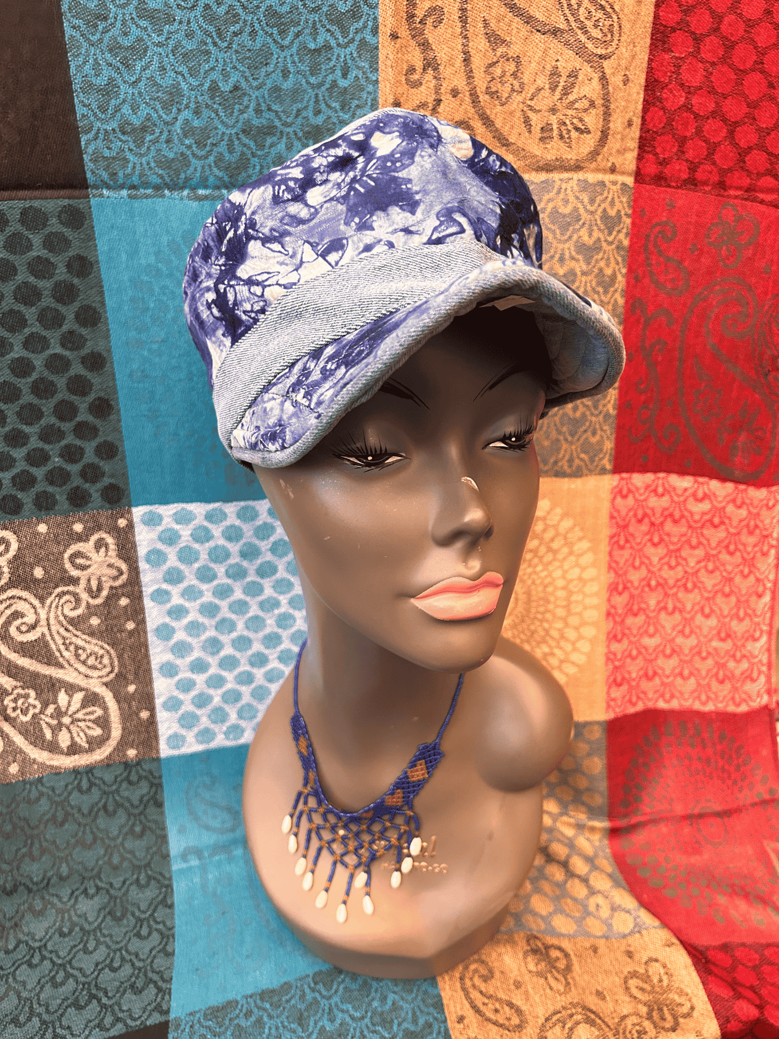 Mudcloth Hat with Brim Denim Purple and White Print