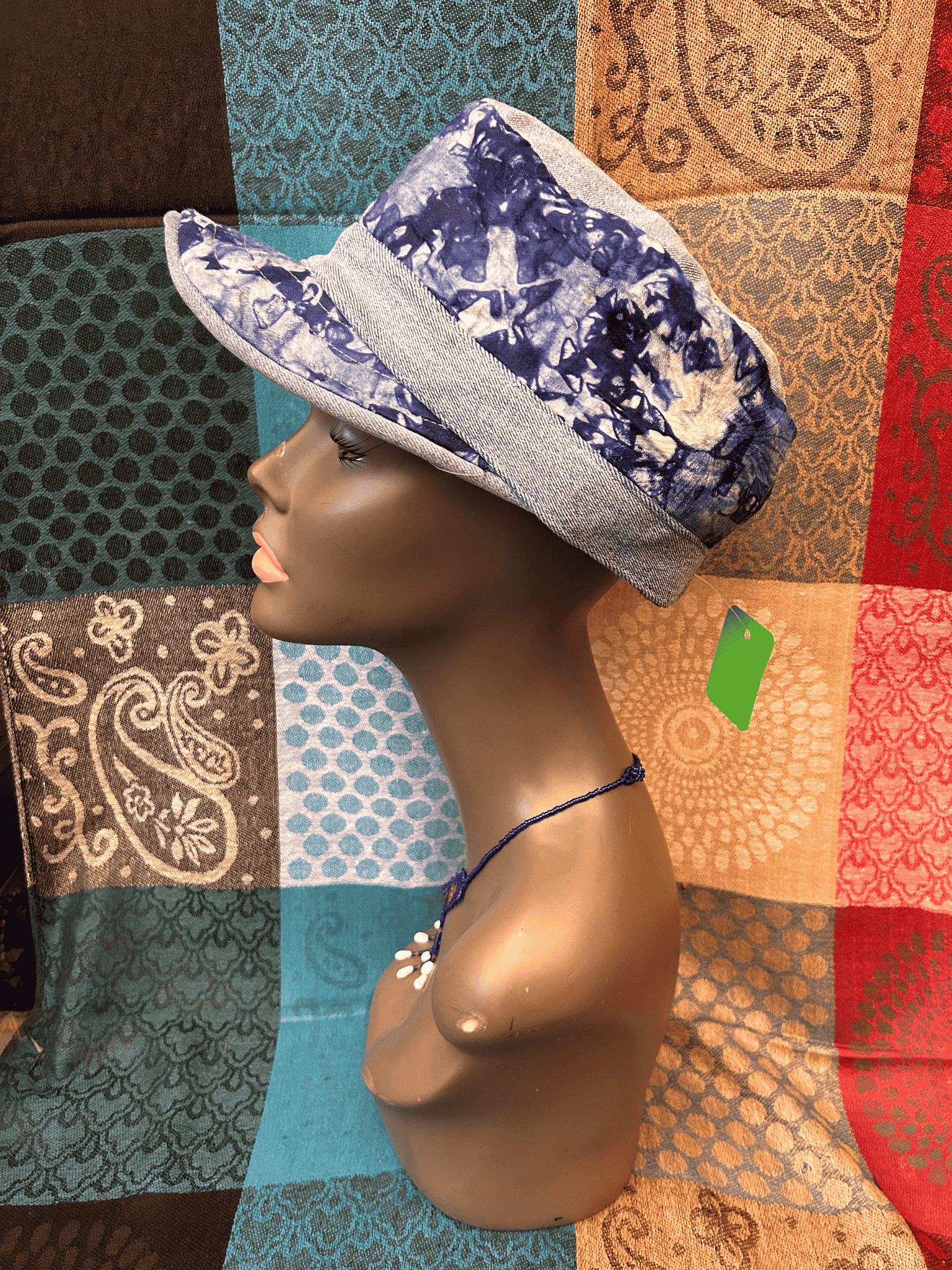 Mudcloth Hat with Brim Denim Purple and White Print