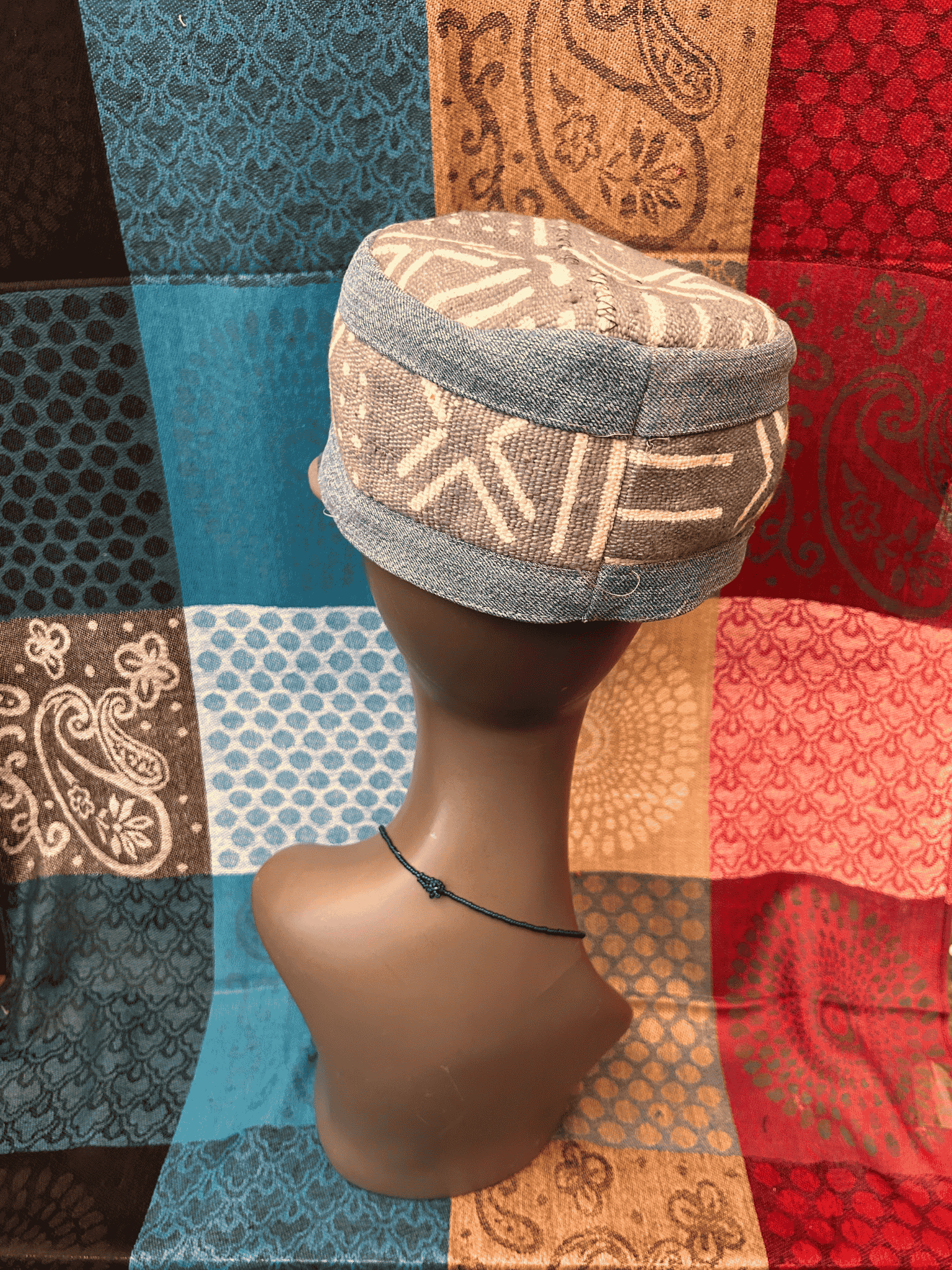 Mudcloth Hat with Brim Denim Grey and White Print