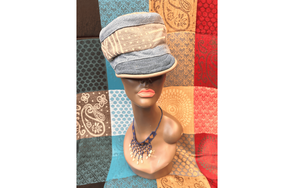 Mudcloth Hat with Brim Denim Grey and White Print