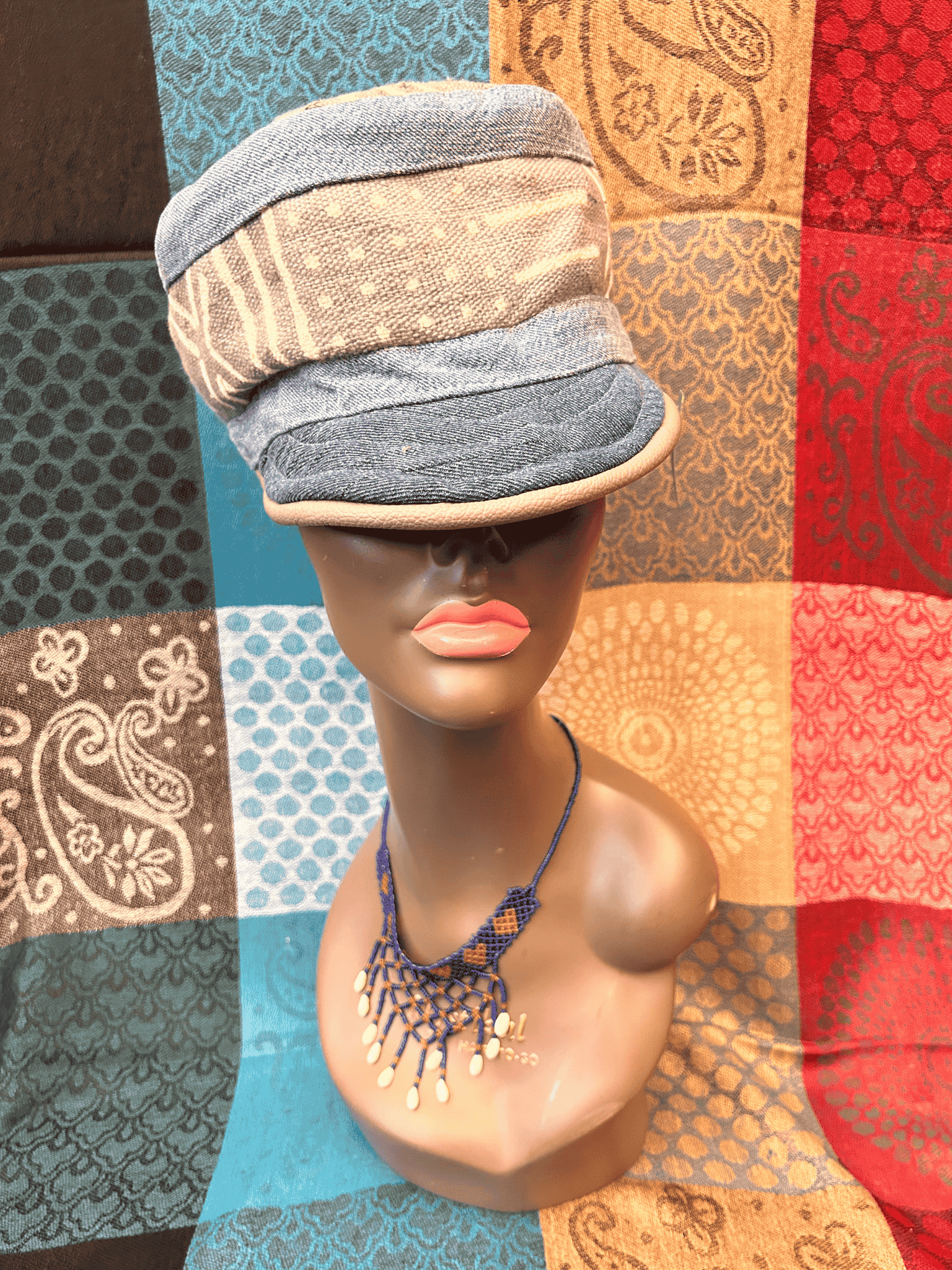 Mudcloth Hat with Brim Denim Grey and White Print