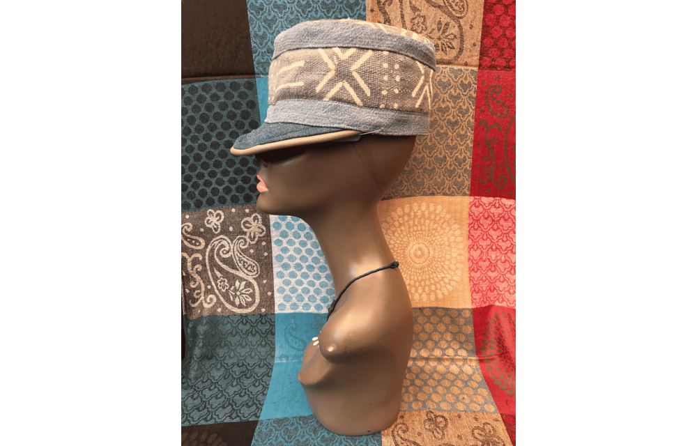Mudcloth Hat with Brim Denim Grey and White Print