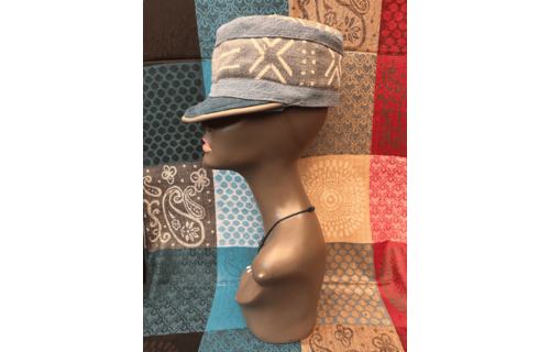 Mudcloth Hat with Brim Denim Grey and White Print
