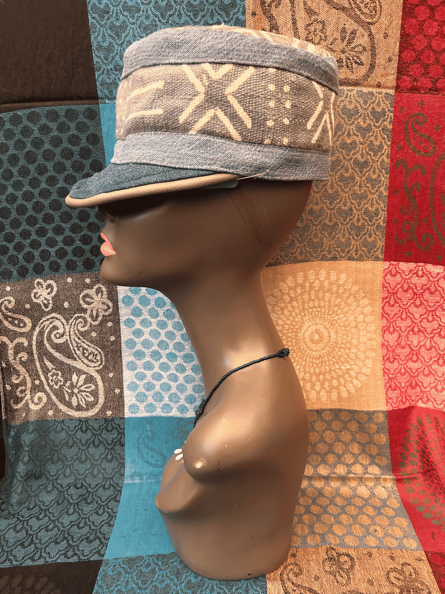 Mudcloth Hat with Brim Denim Grey and White Print