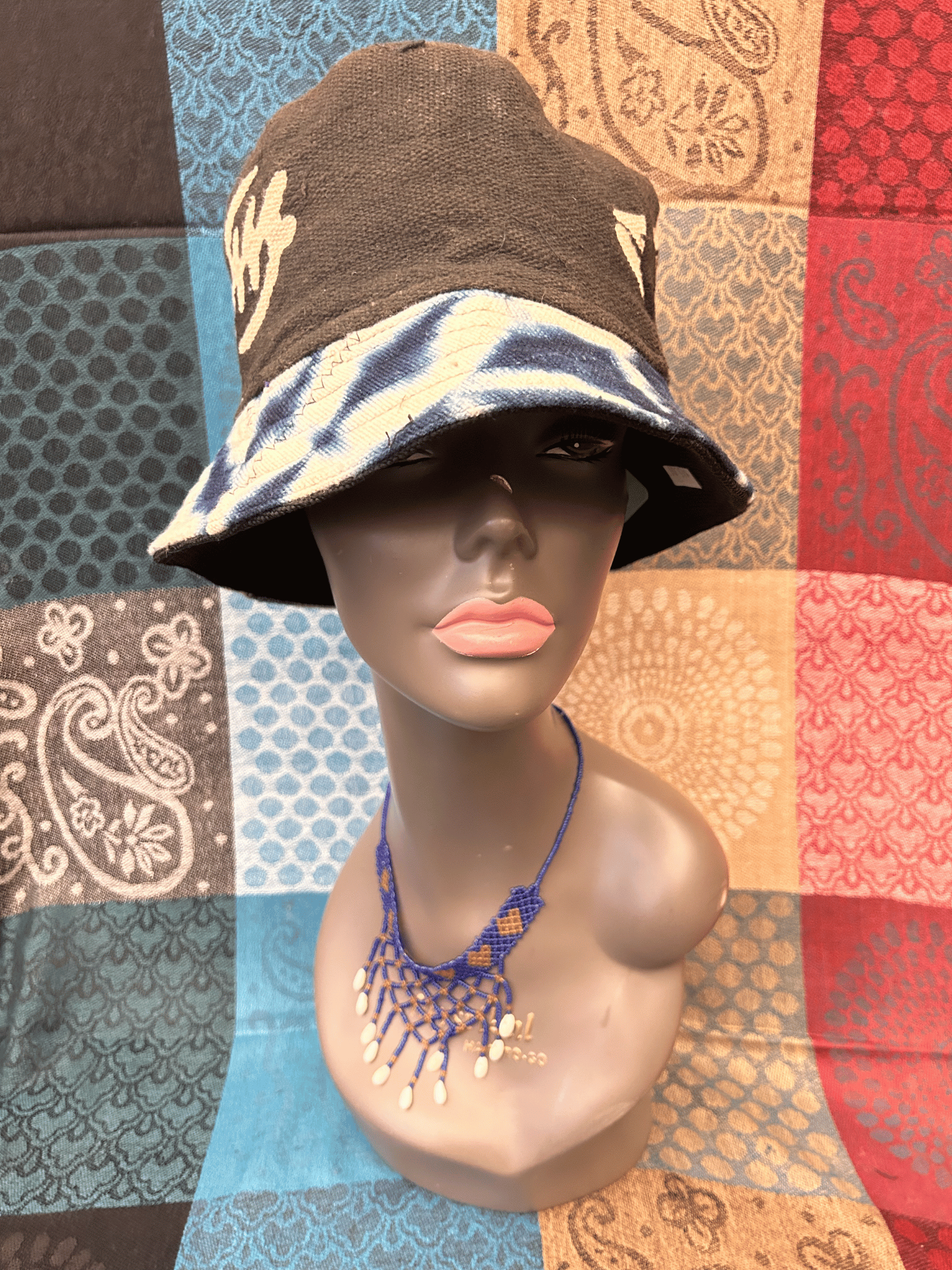 Mudcloth Bucket Style Hat Black Blue and White Print