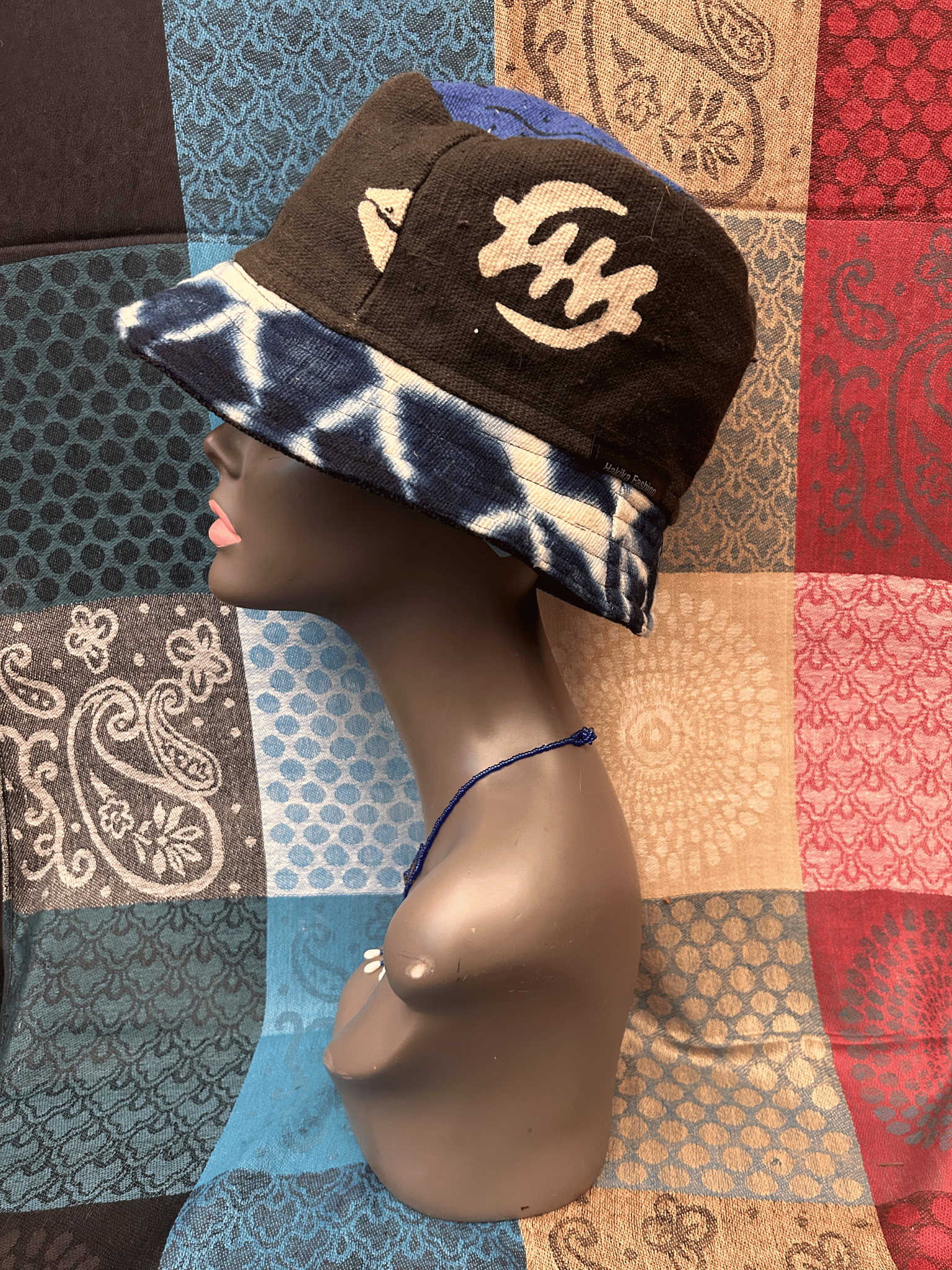 Mudcloth Bucket Style Hat Black Blue and White Print