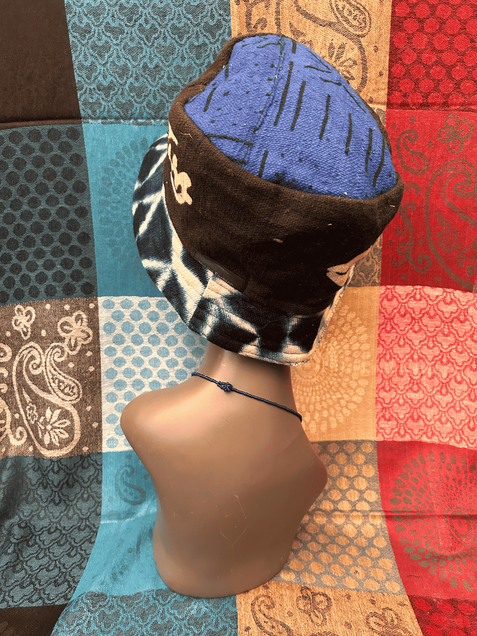 Mudcloth Bucket Style Hat Black Blue and White Print