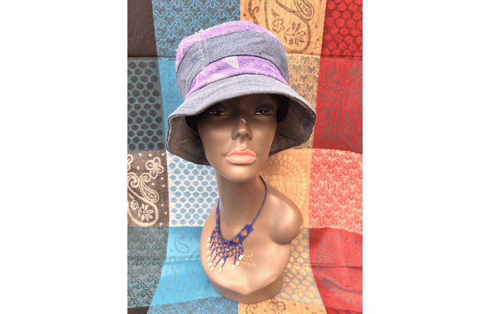Mudcloth Bucket Style Hat Denim Purple and White Print