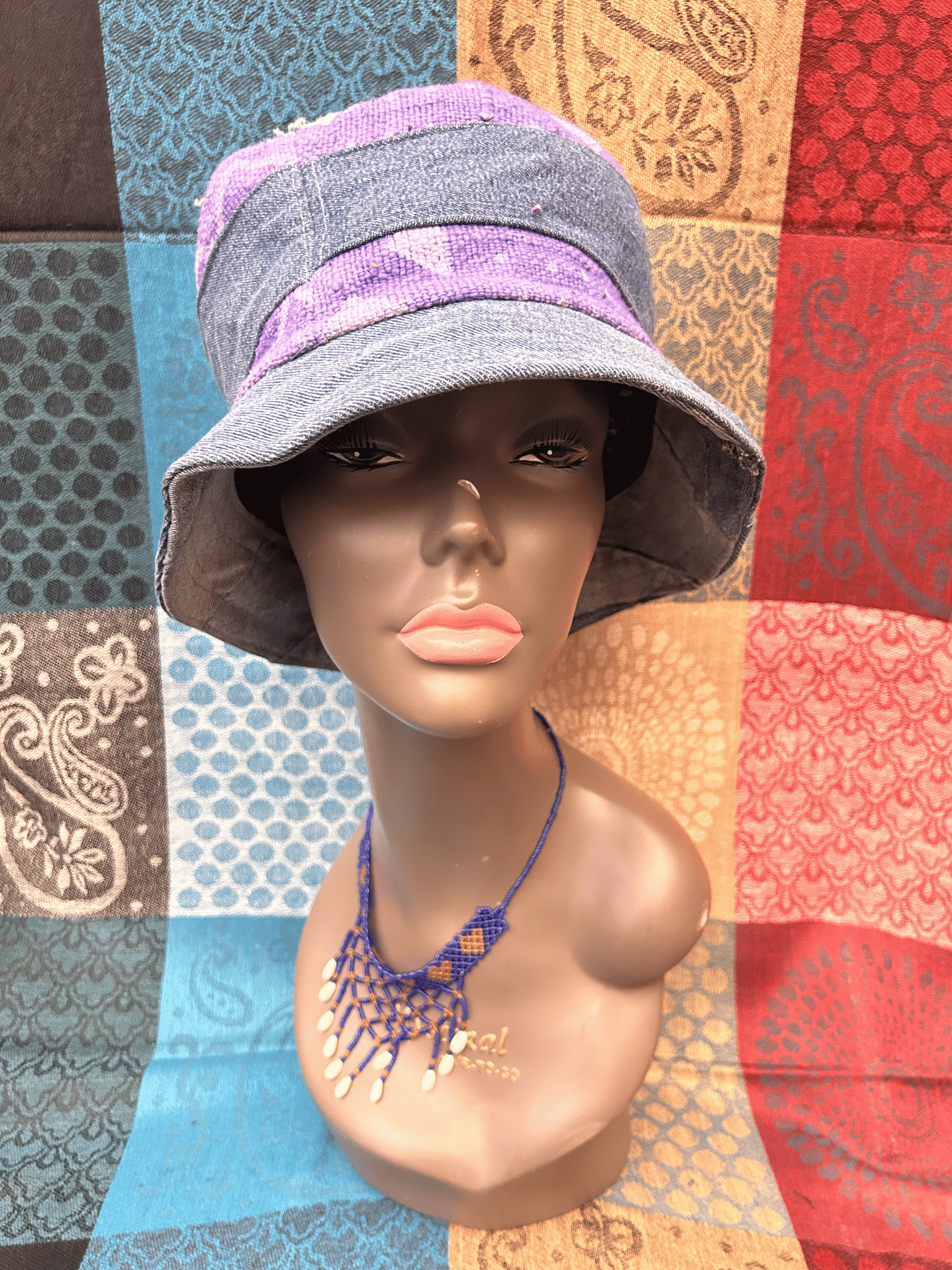 Mudcloth Bucket Style Hat Denim Purple and White Print