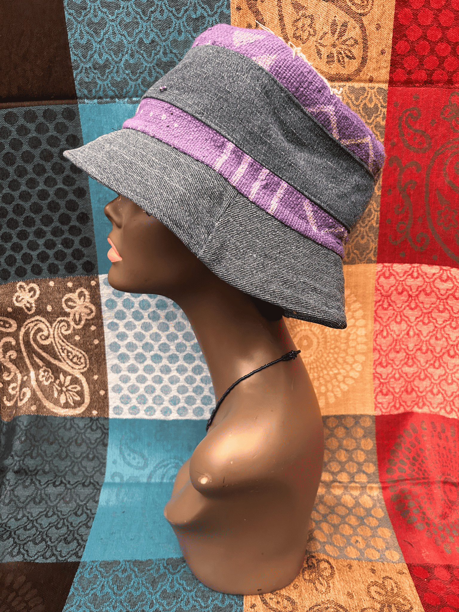 Mudcloth Bucket Style Hat Denim Purple and White Print