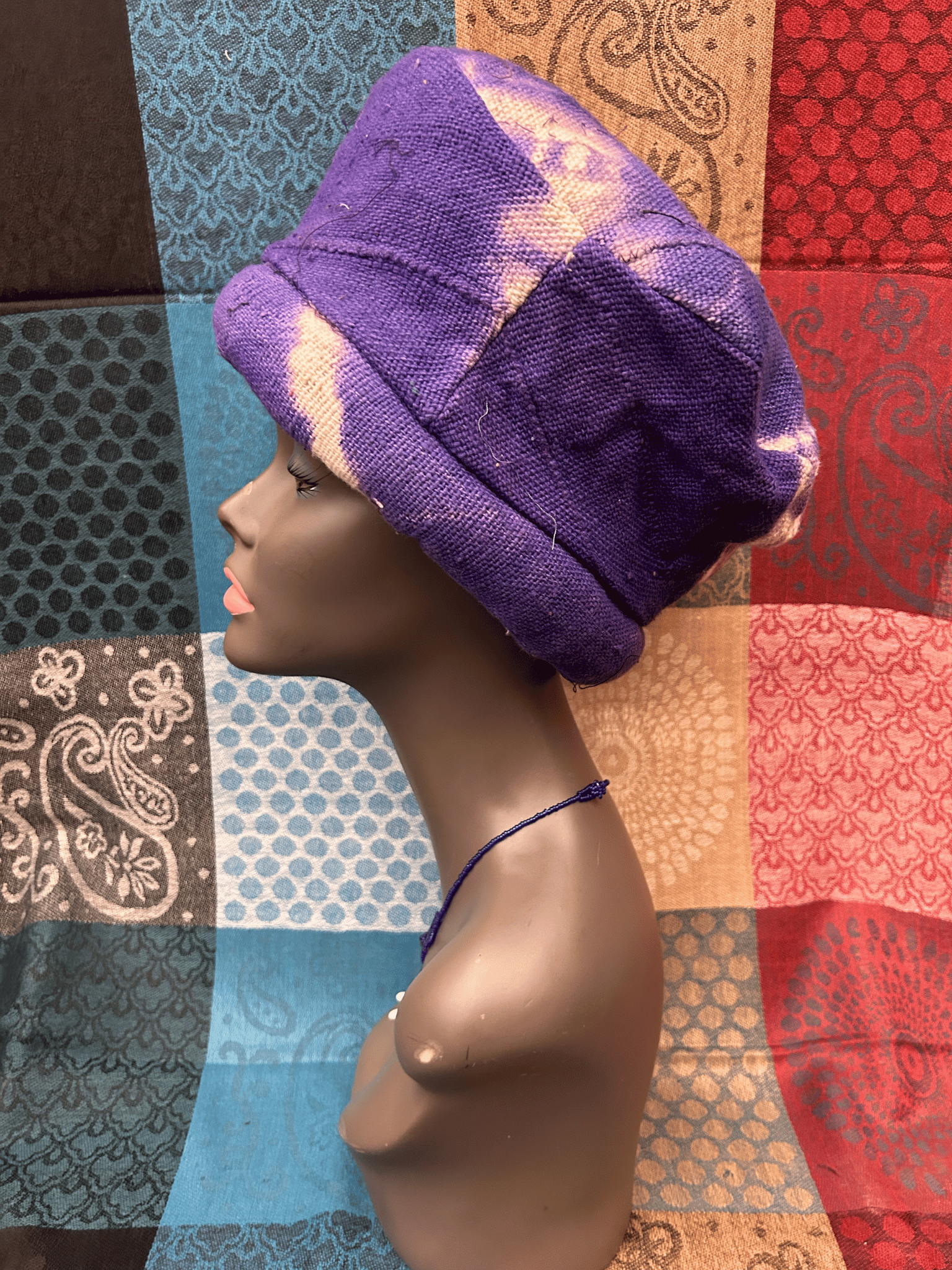 Mudcloth Hat Single Roll Purple and White Print