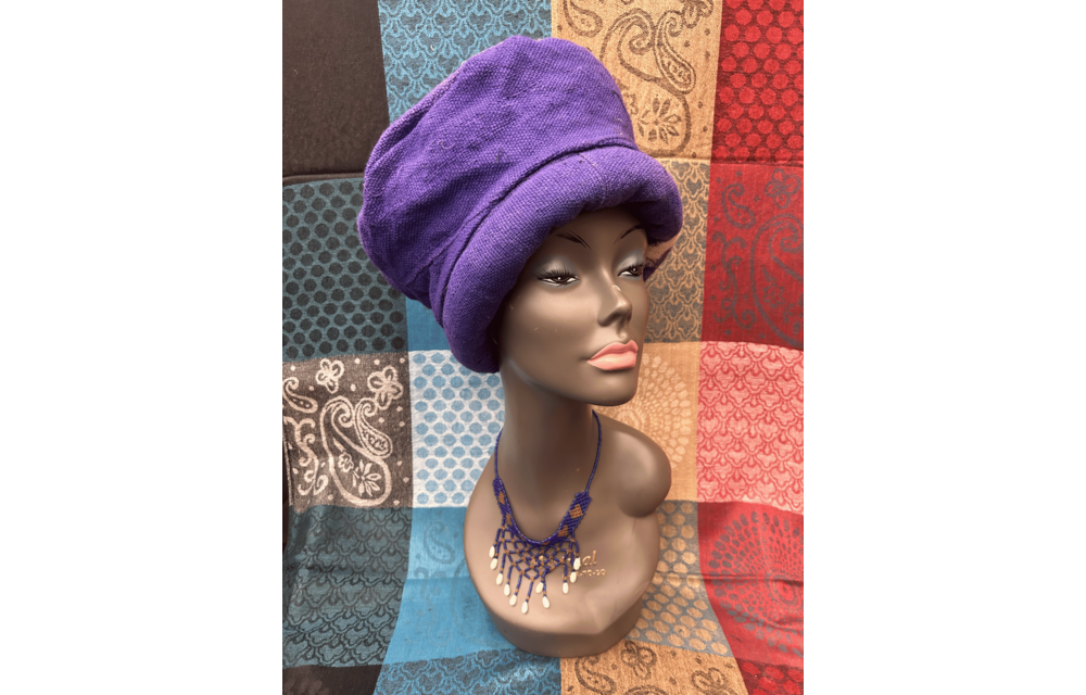 Mudcloth Hat Single Roll Purple and White Print
