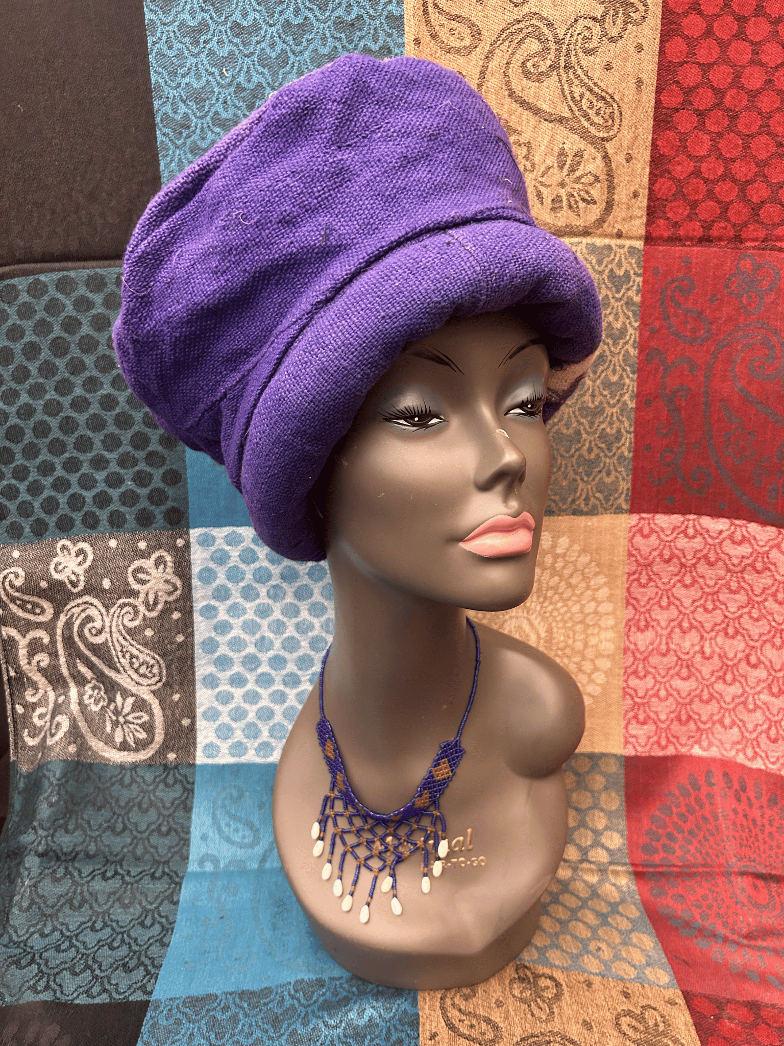 Mudcloth Hat Single Roll Purple and White Print