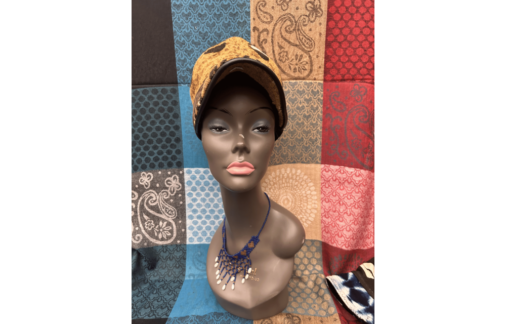 Mudcloth Hat with Brim Brown Tan and Black Cowrire Print