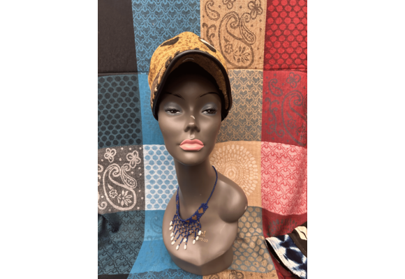 Mudcloth Hat with Brim Brown Tan and Black Cowrire Print