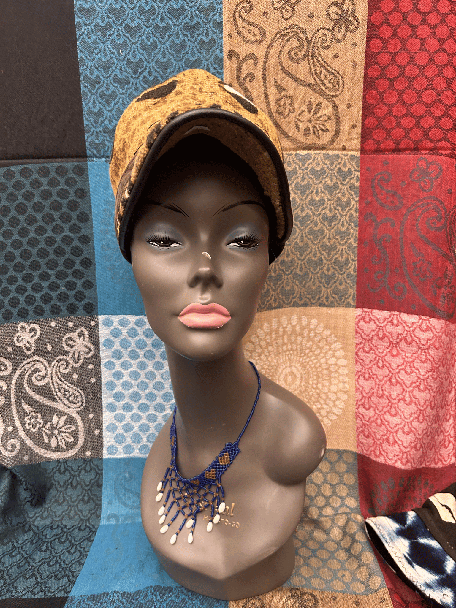 Mudcloth Hat with Brim Brown Tan and Black Cowrire Print