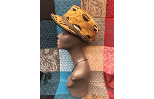 Mudcloth Hat with Brim Brown Tan and Black Cowrire Print