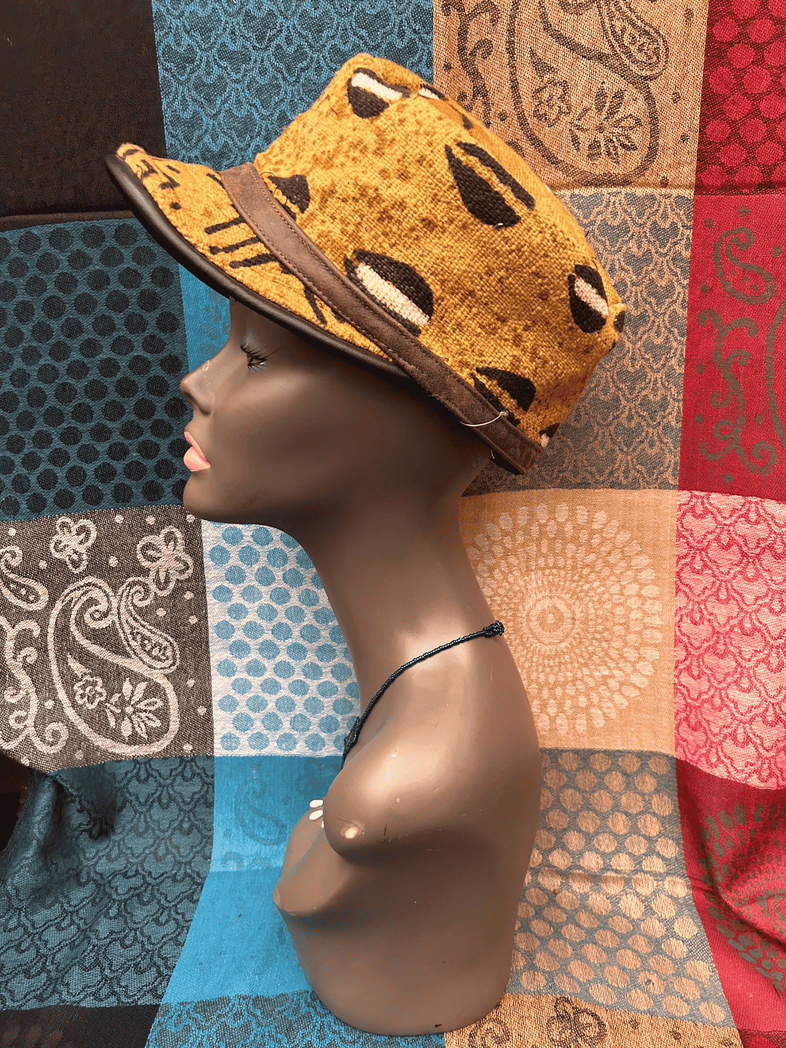 Mudcloth Hat with Brim Brown Tan and Black Cowrire Print