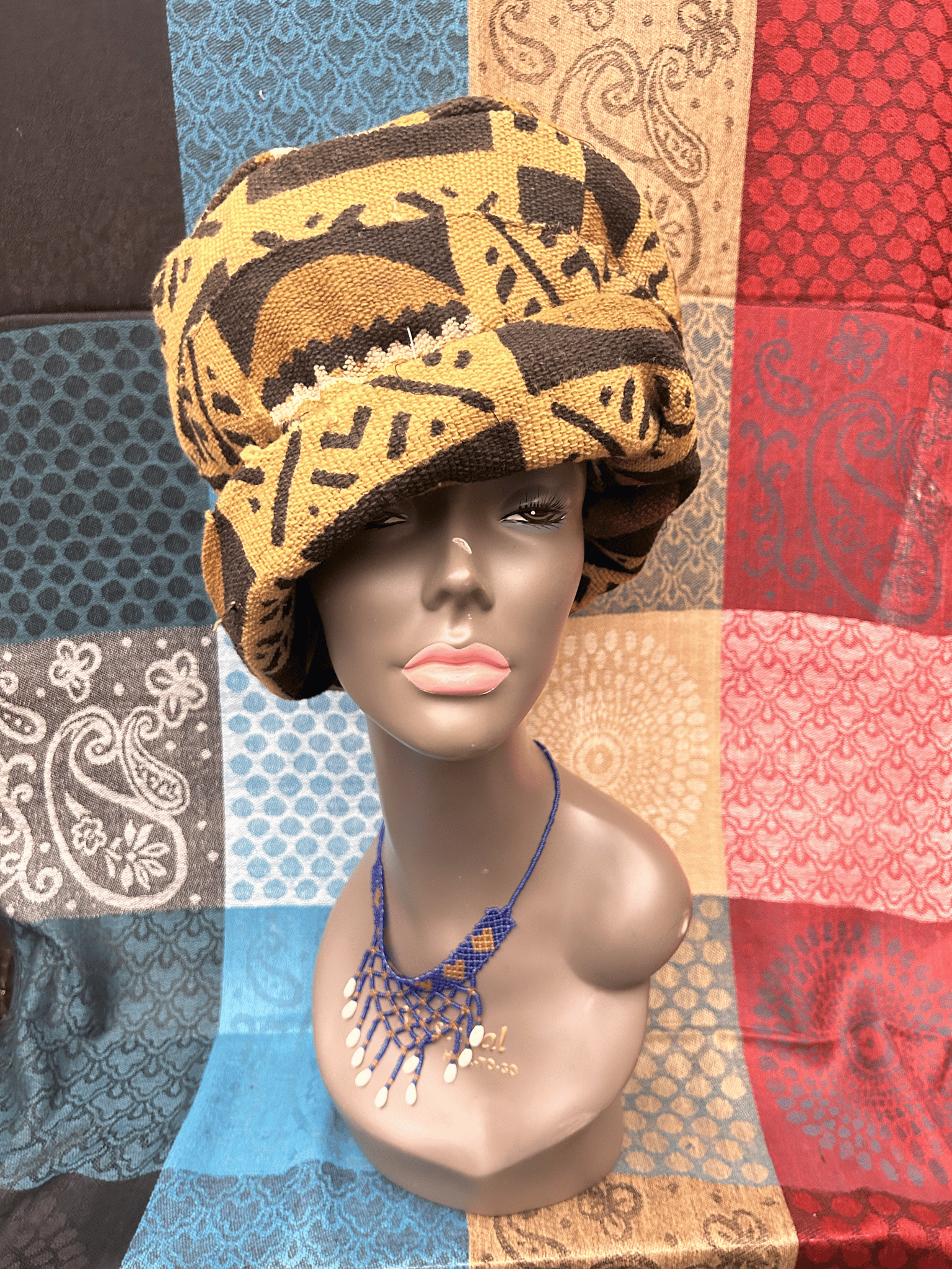 Mudcloth Hat Brown Black and White Print