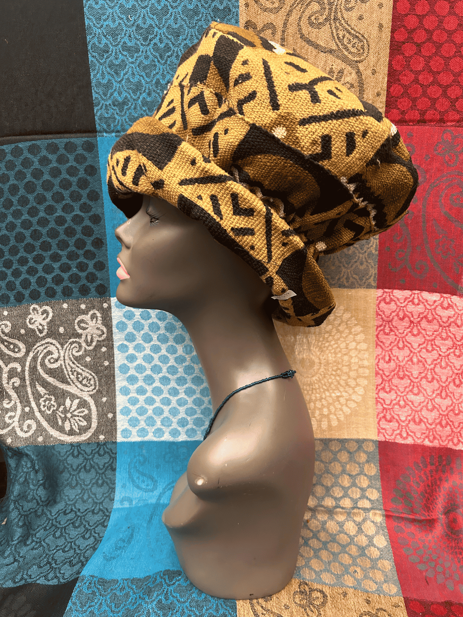 Mudcloth Hat Brown Black and White Print