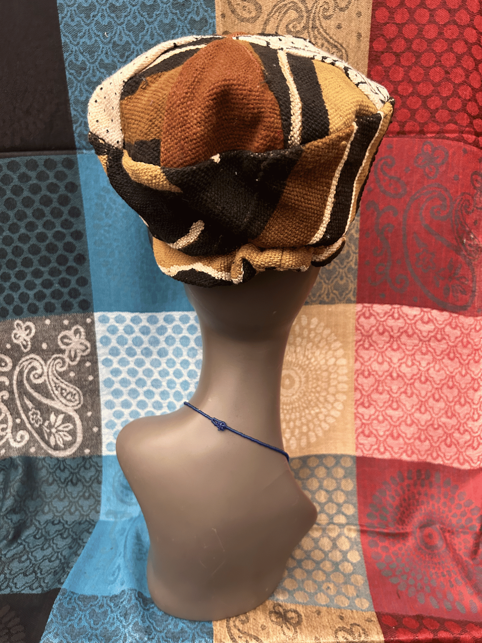 Mudcloth Hat with Brim Brown Tan and Black Print