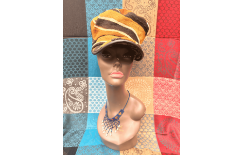 Mudcloth Hat with Brim Brown Tan and Black Print