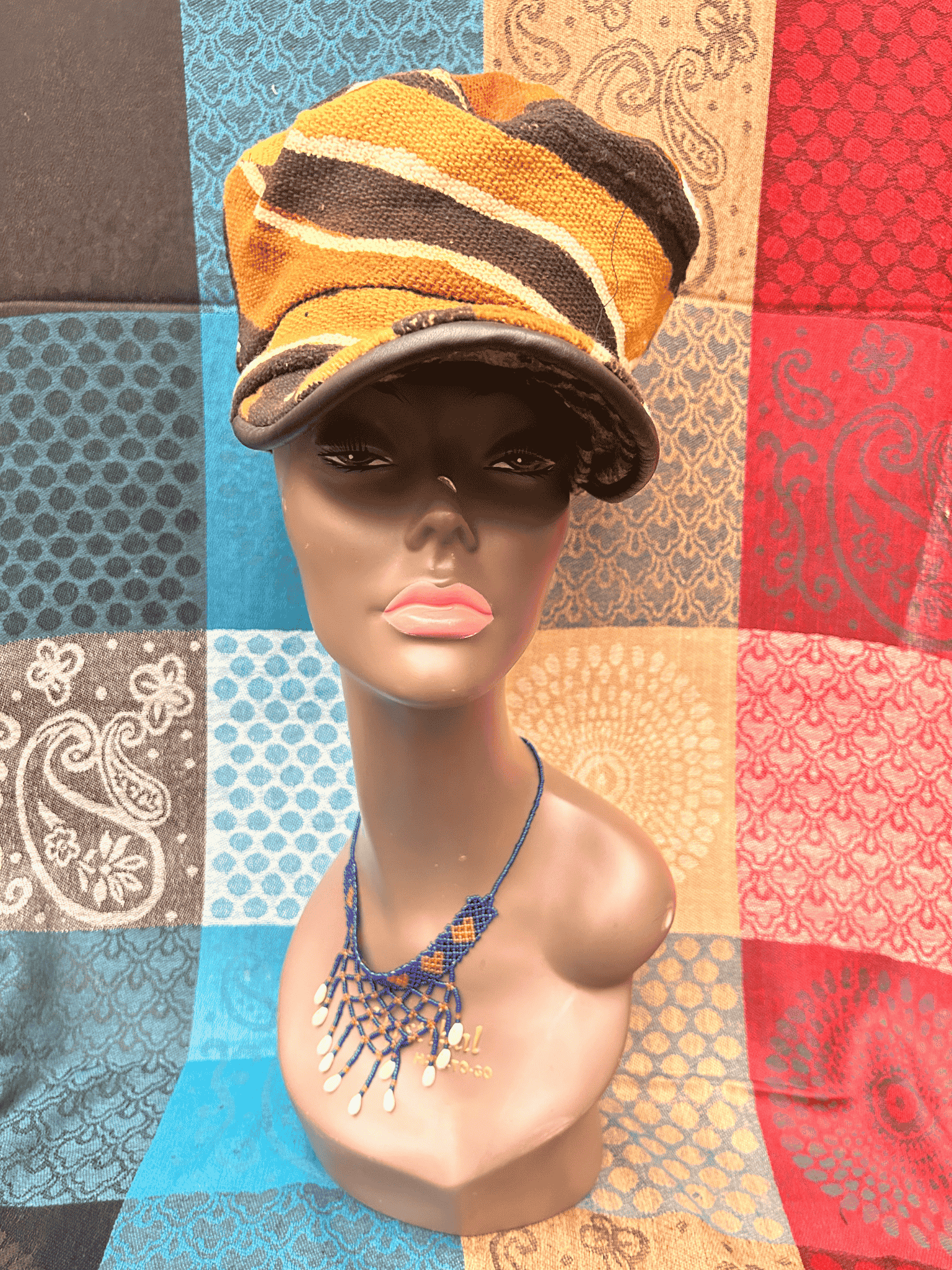 Mudcloth Hat with Brim Brown Tan and Black Print