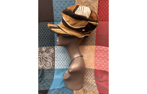 Mudcloth Hat with Brim Brown Tan and Black Print