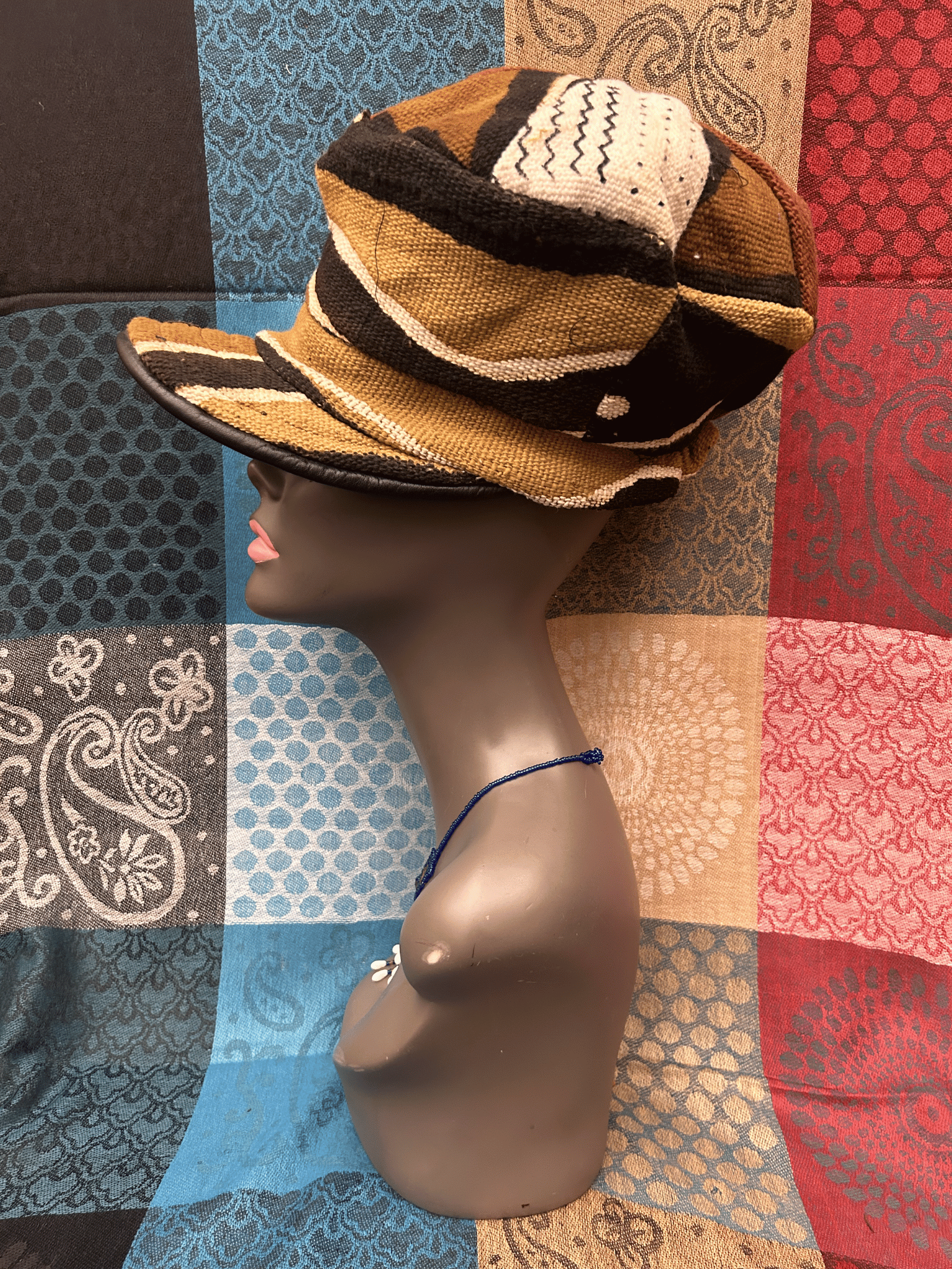 Mudcloth Hat with Brim Brown Tan and Black Print