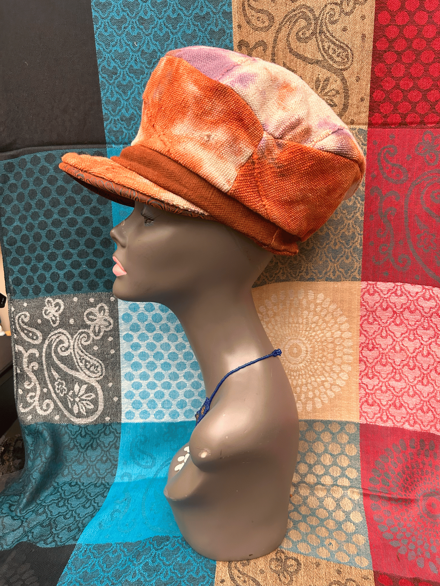 Mudcloth Hat with Brim Orange Purple and White