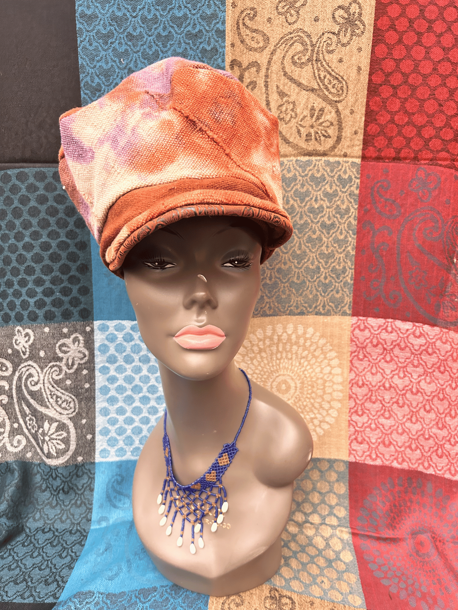 Mudcloth Hat with Brim Orange Purple and White