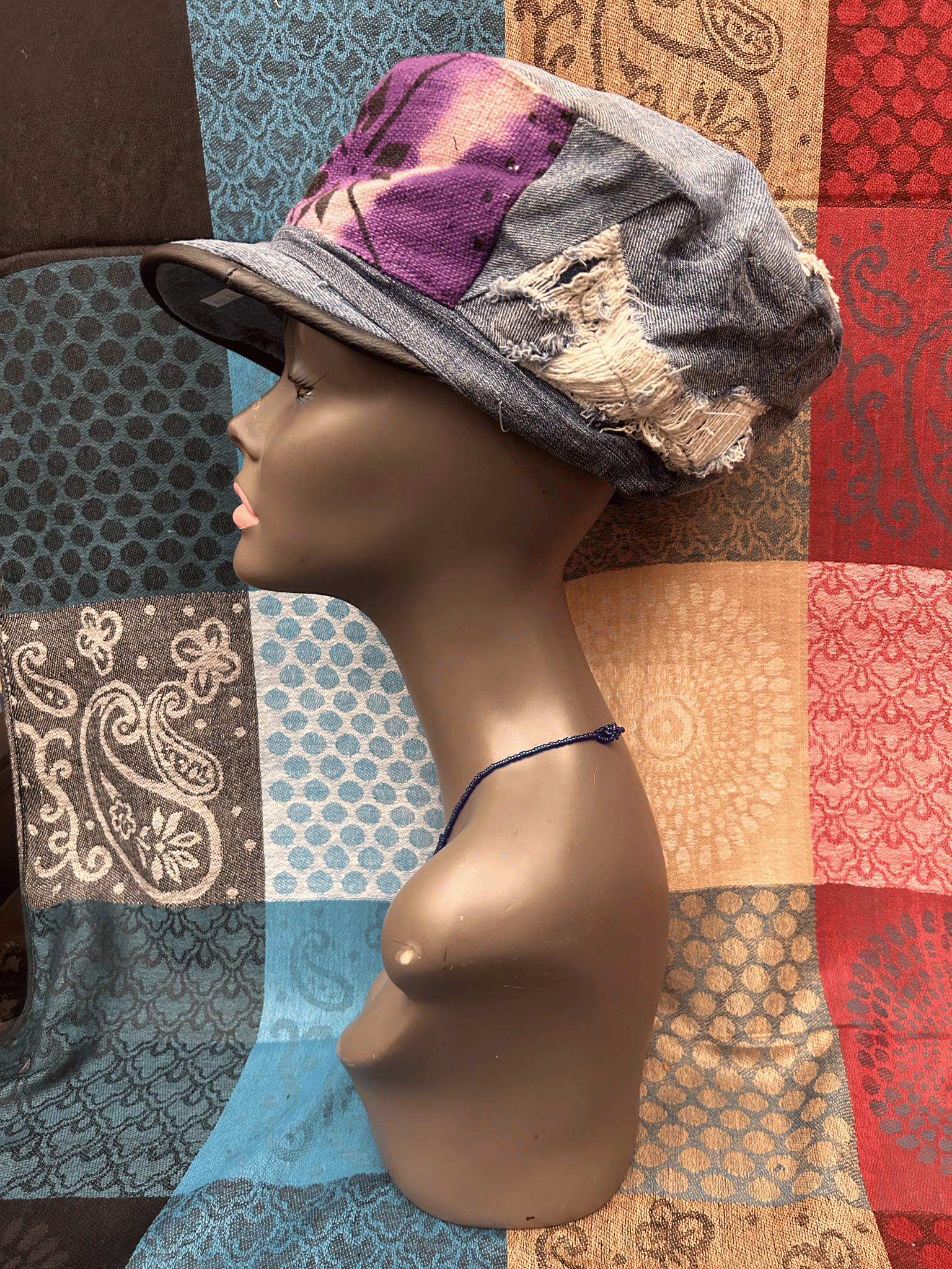 Mudcloth Hat with Brim Denim Purple and White