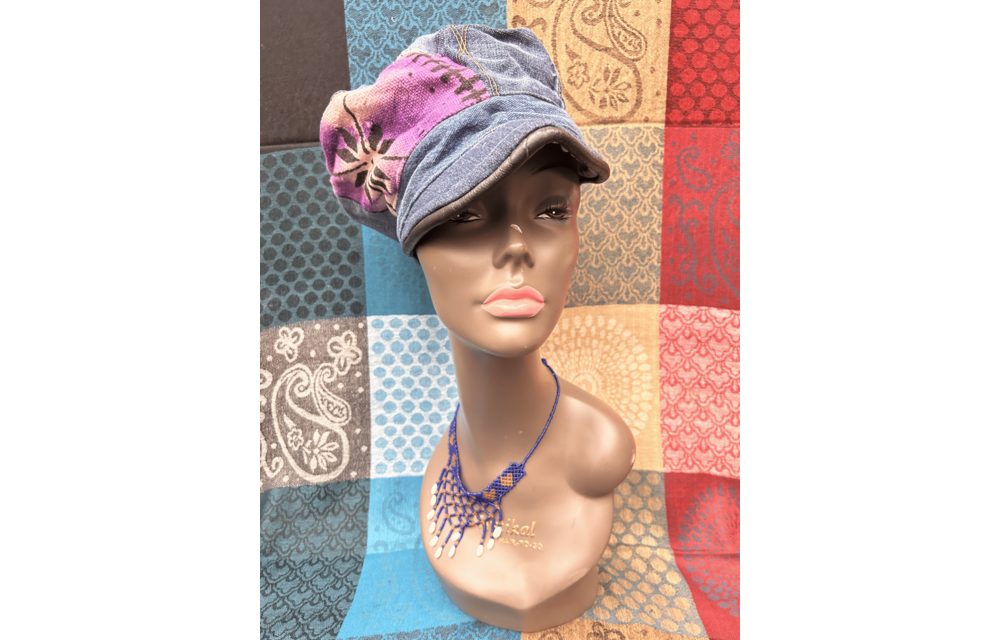 Mudcloth Hat with Brim Denim Purple and White