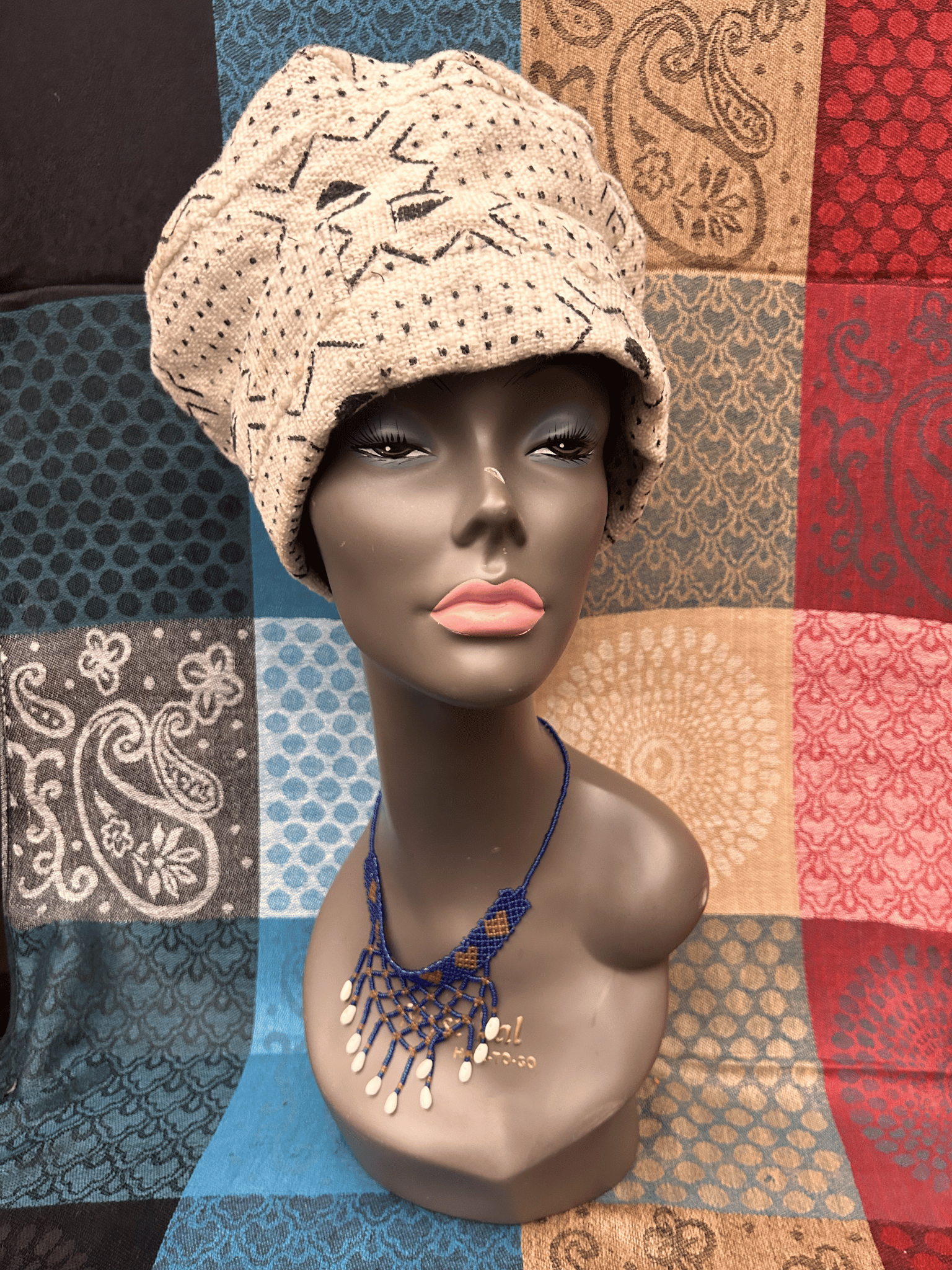 Mudcloth Hat White and Black Cowrie Print