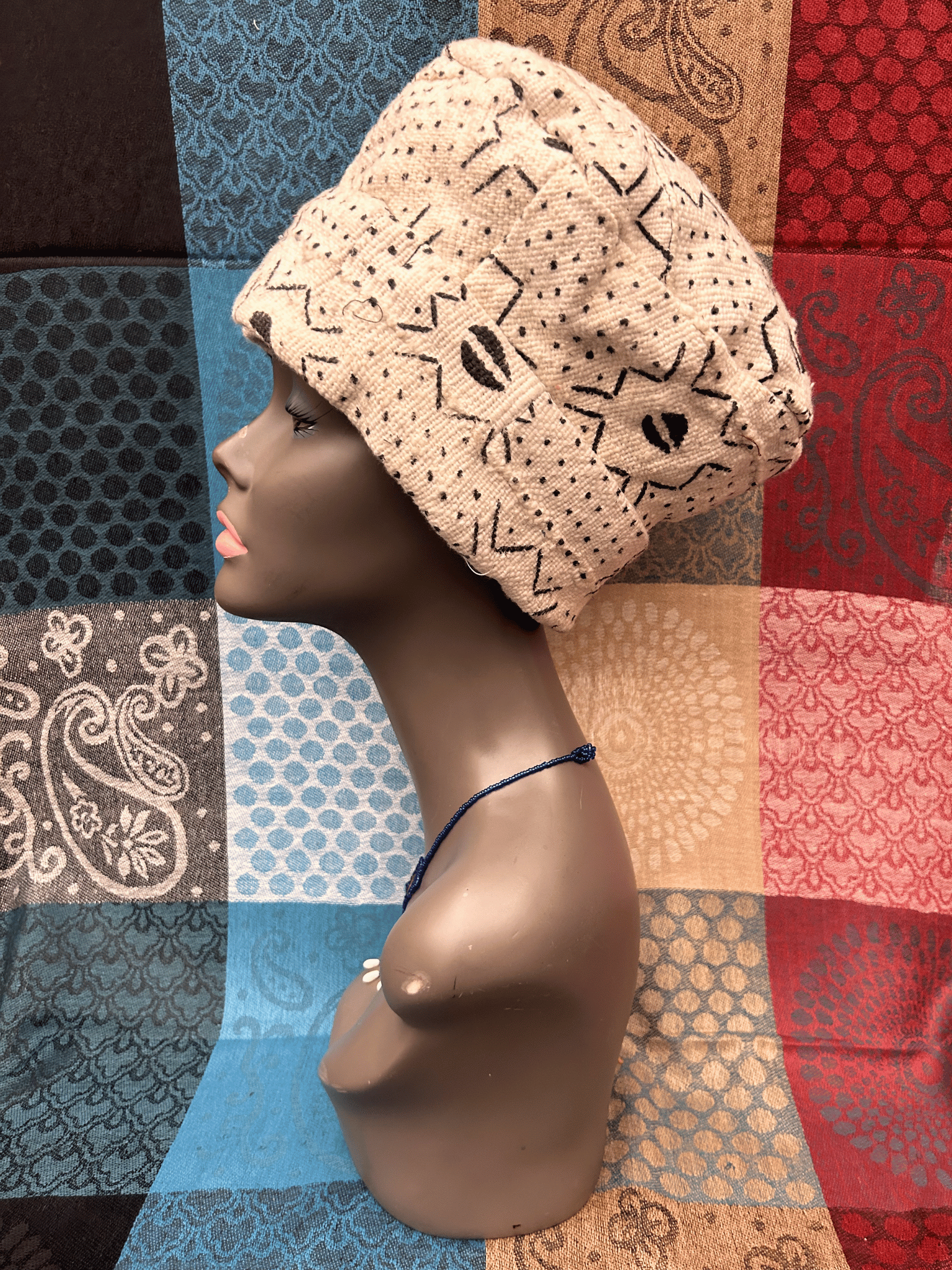 Mudcloth Hat White and Black Cowrie Print