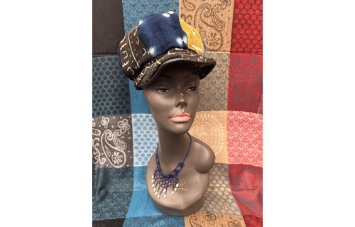 Mudcloth Hat with Brim Blue Yellow Black and White
