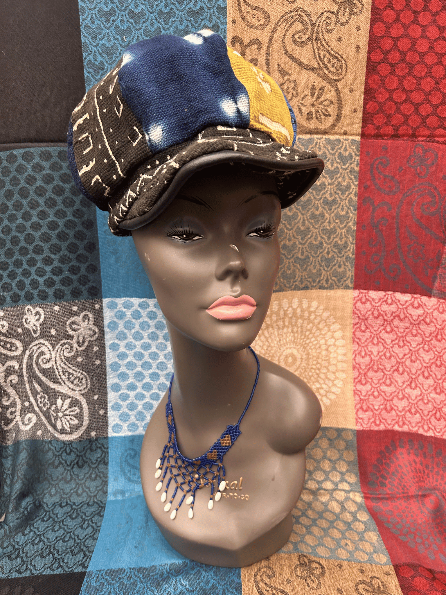 Mudcloth Hat with Brim Blue Yellow Black and White