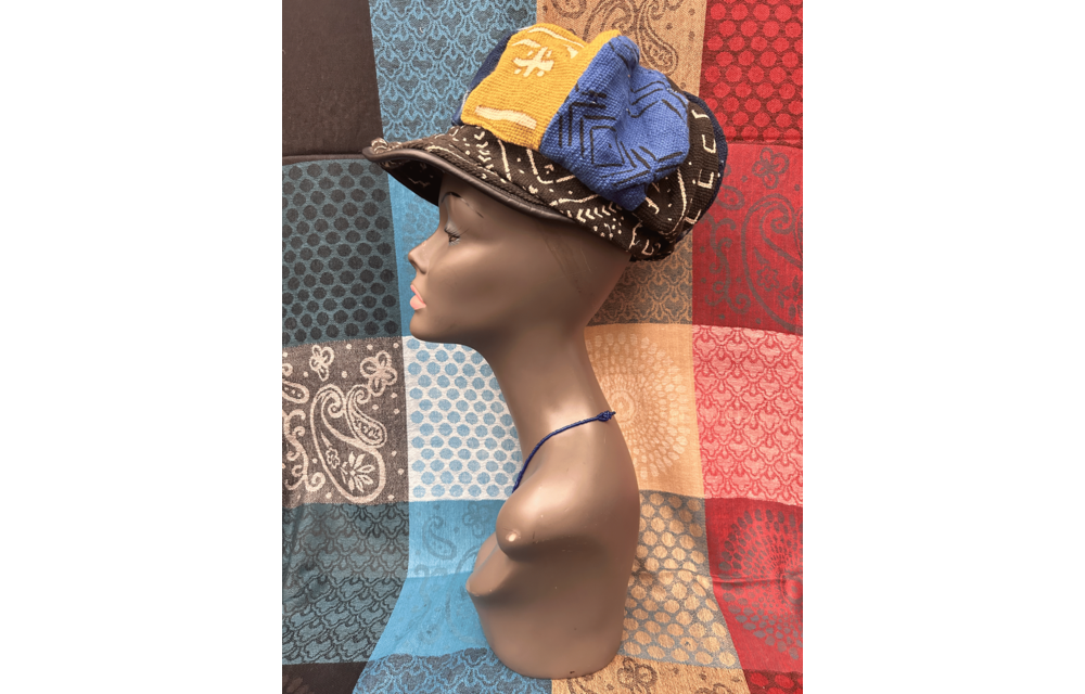 Mudcloth Hat with Brim Blue Yellow Black and White