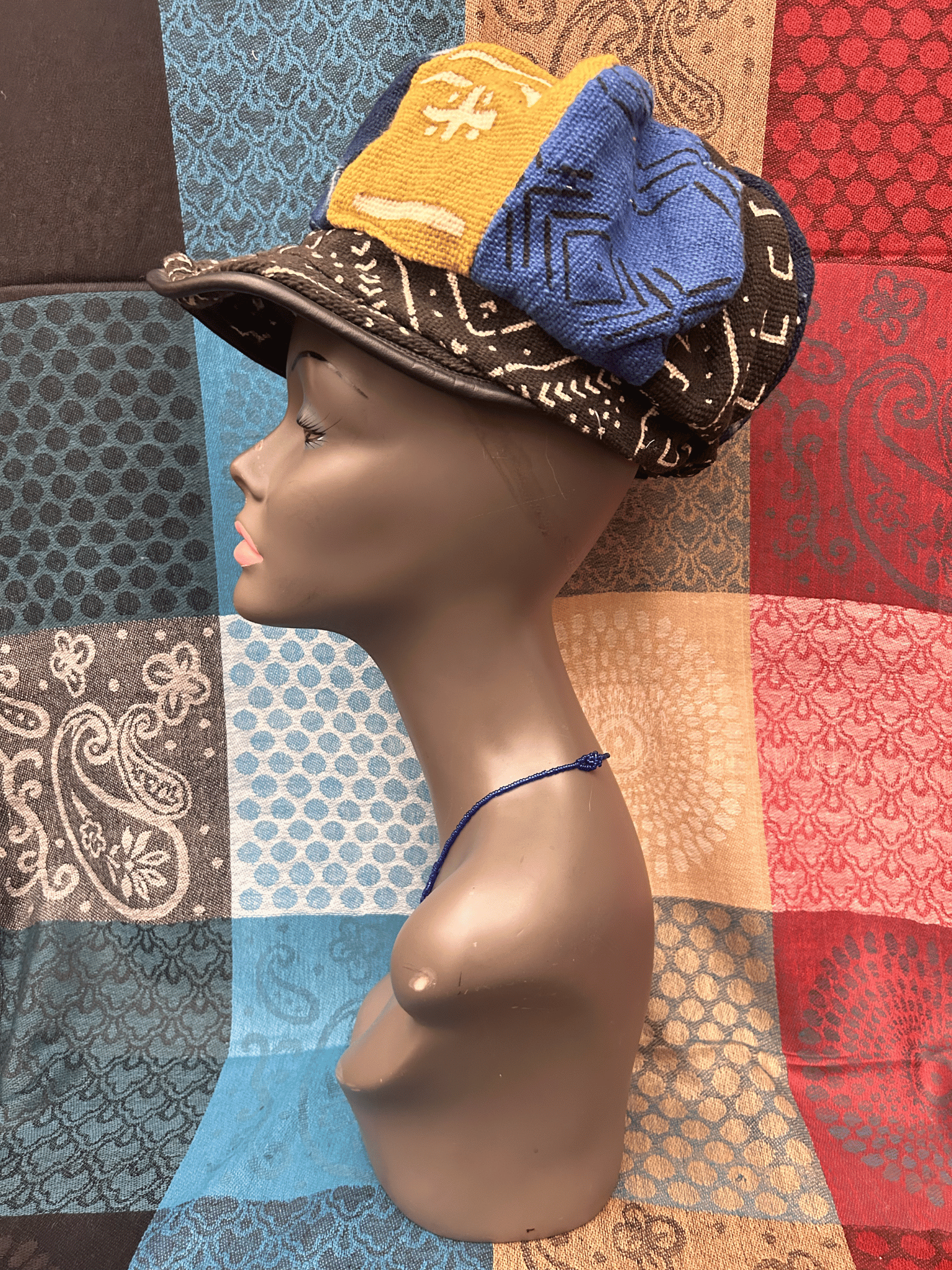 Mudcloth Hat with Brim Blue Yellow Black and White