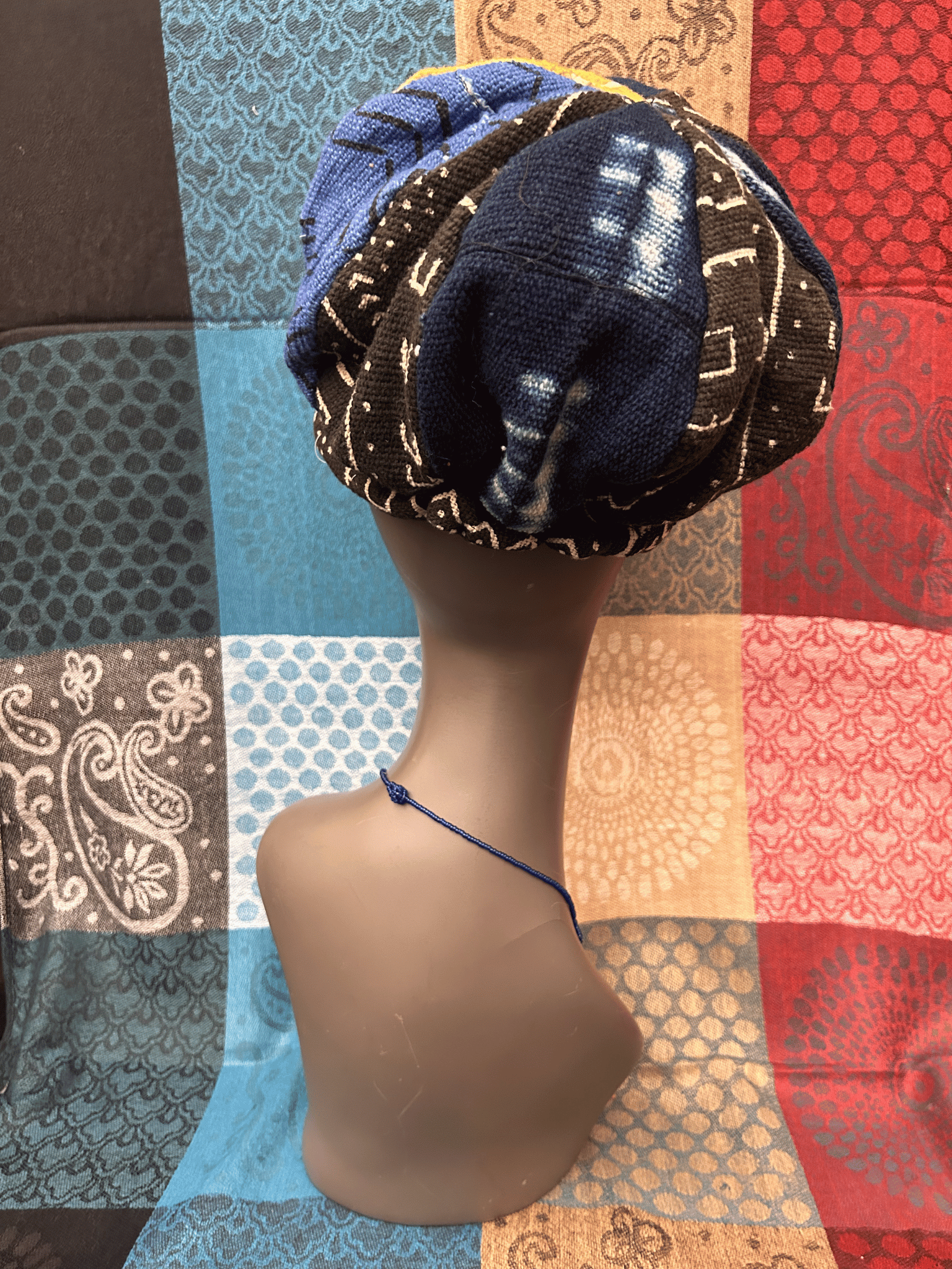 Mudcloth Hat with Brim Blue Yellow Black and White