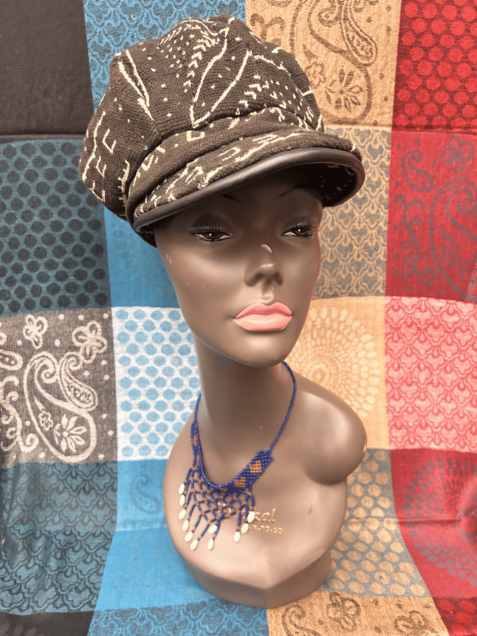 Mudcloth Hat with Brim Black and White