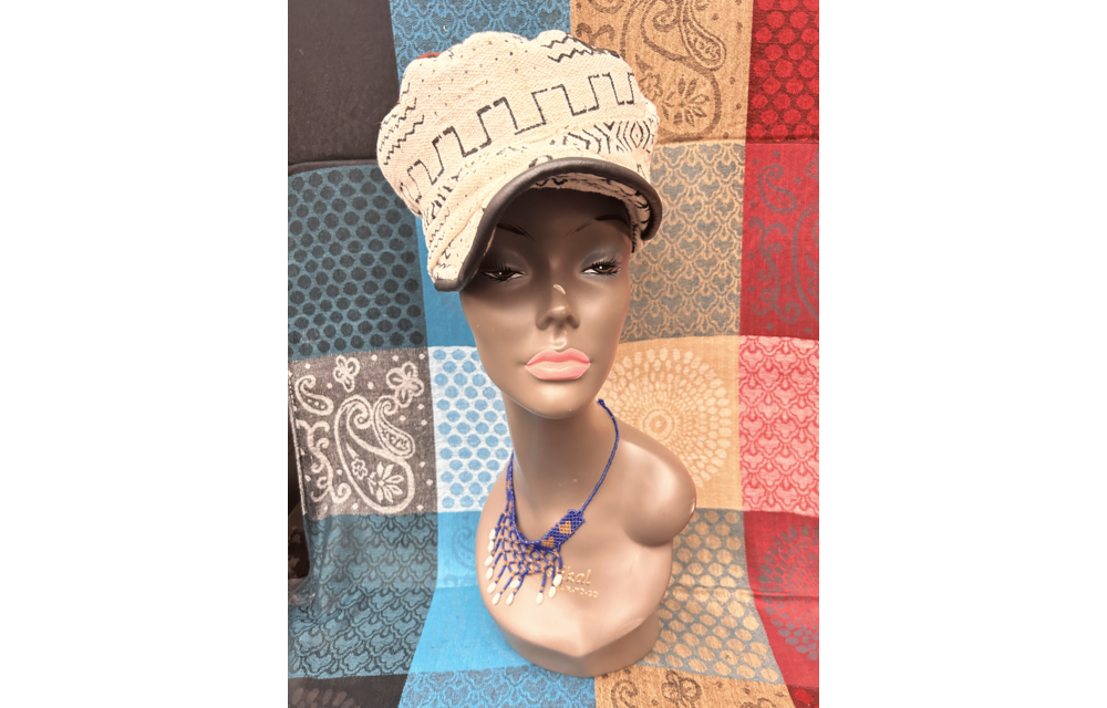 Mudcloth Hat with Brim White Brown and Black