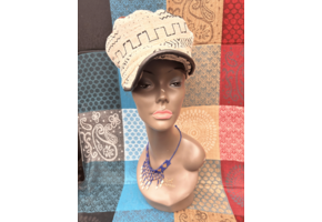 Mudcloth Hat with Brim White Brown and Black