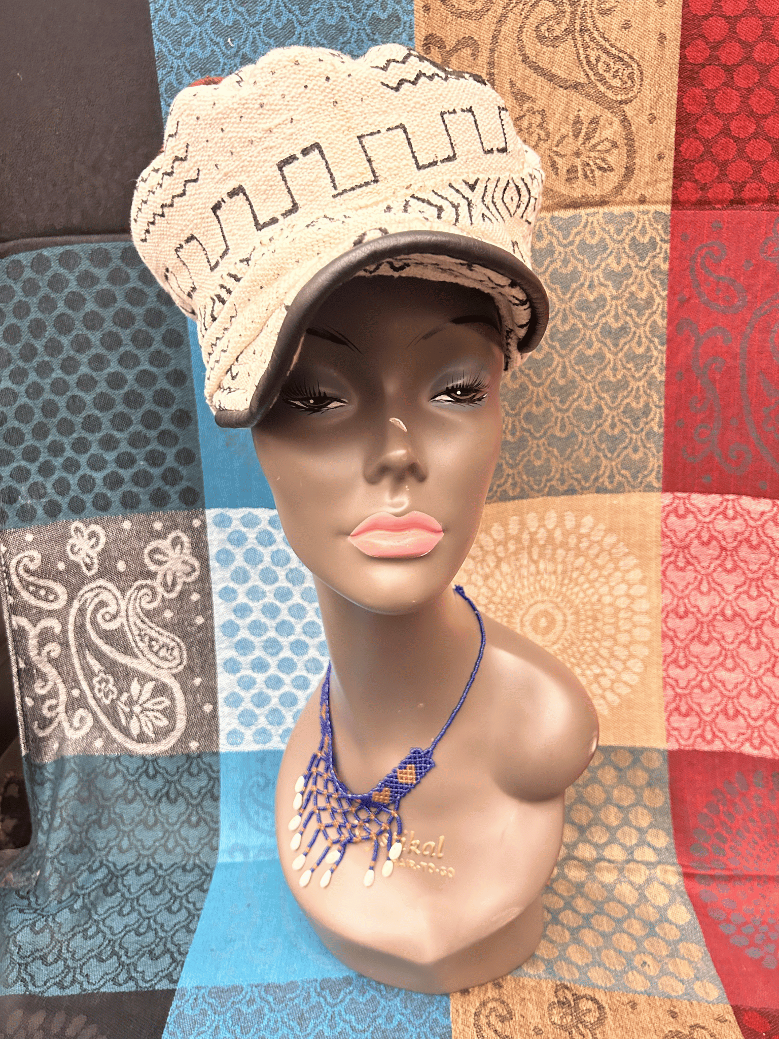 Mudcloth Hat with Brim White Brown and Black