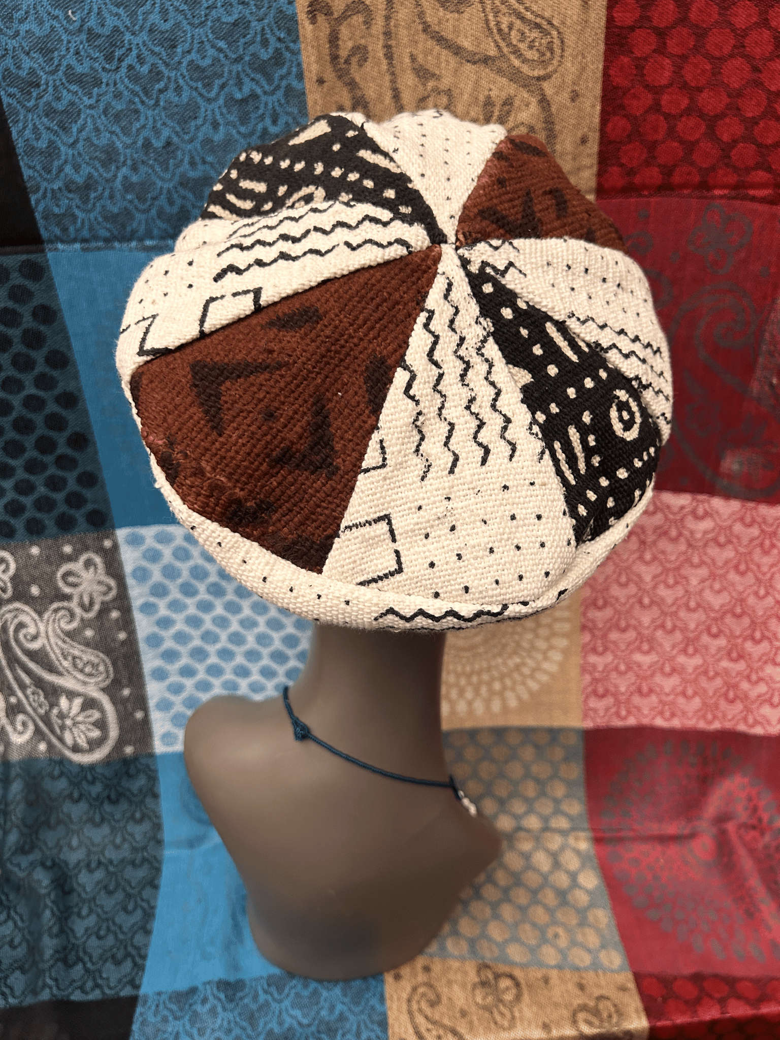 Mudcloth Hat with Brim White Brown and Black