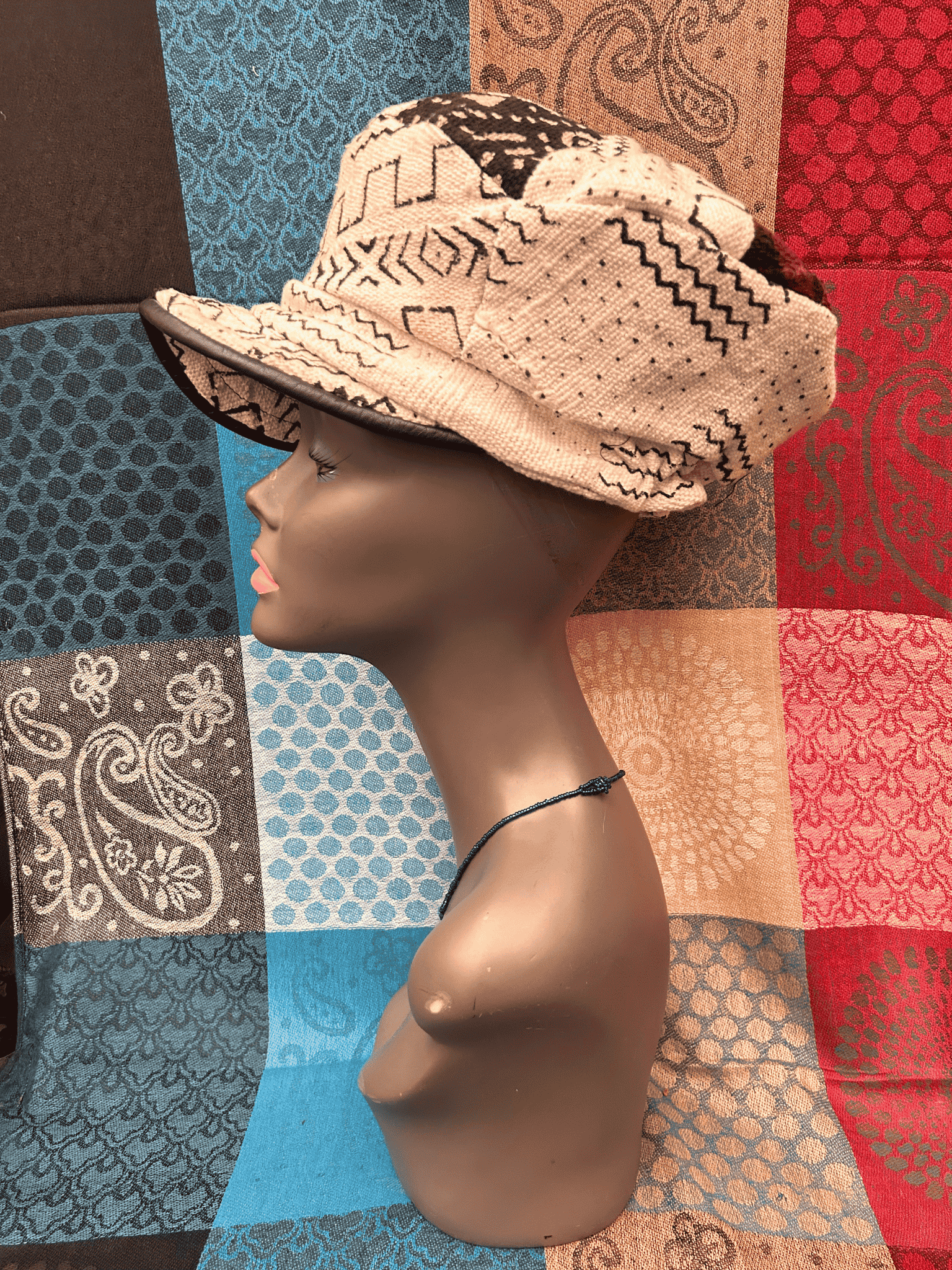 Mudcloth Hat with Brim White Brown and Black